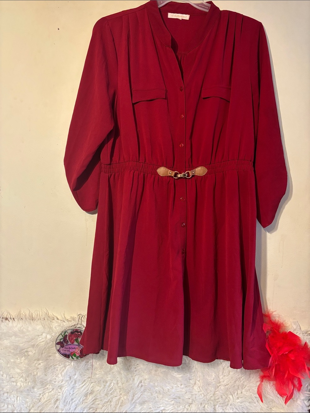 Women's Red Button-Front Shirt Dress with Waist Detail